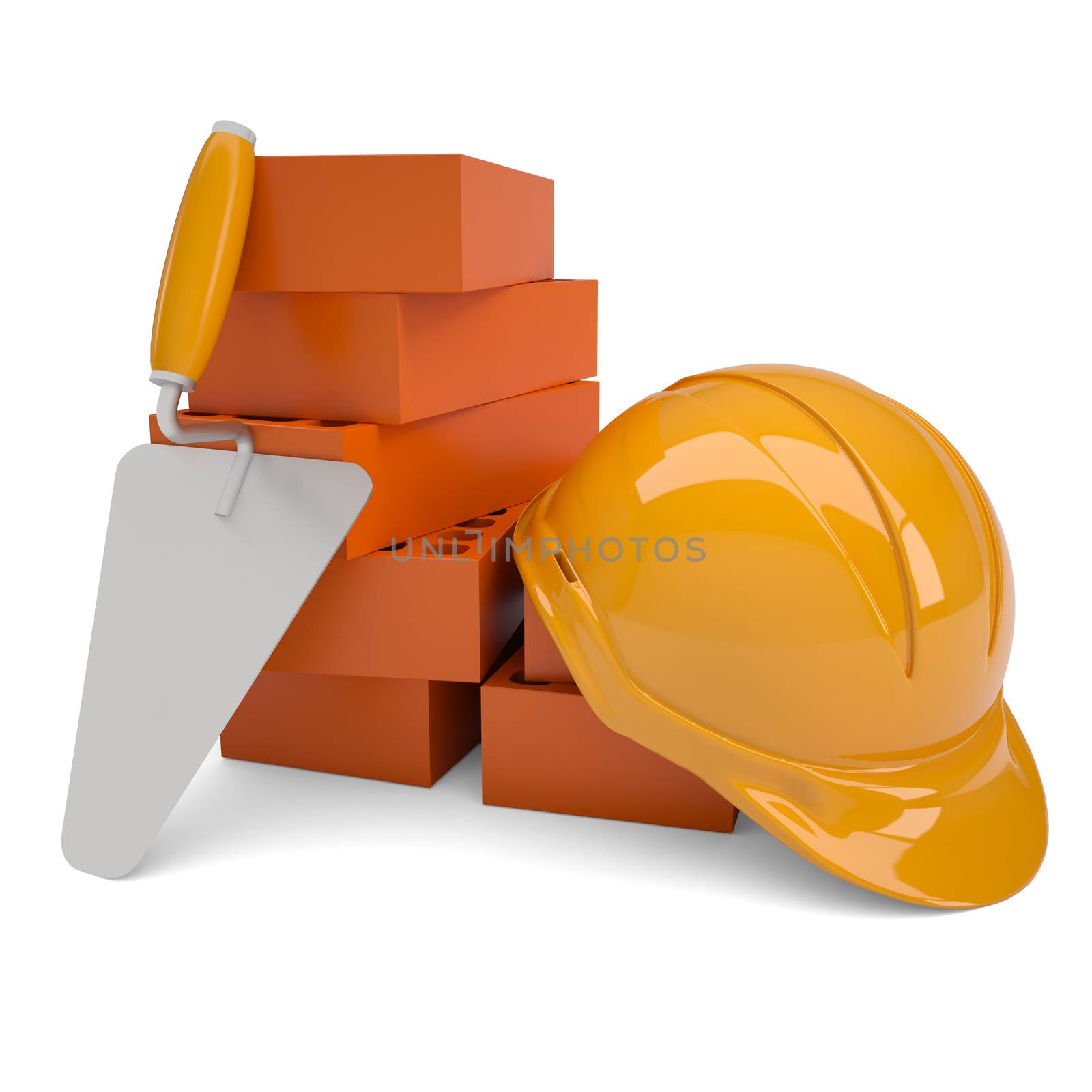 Bricks, trowel and a helmet. Isolated render on a white background