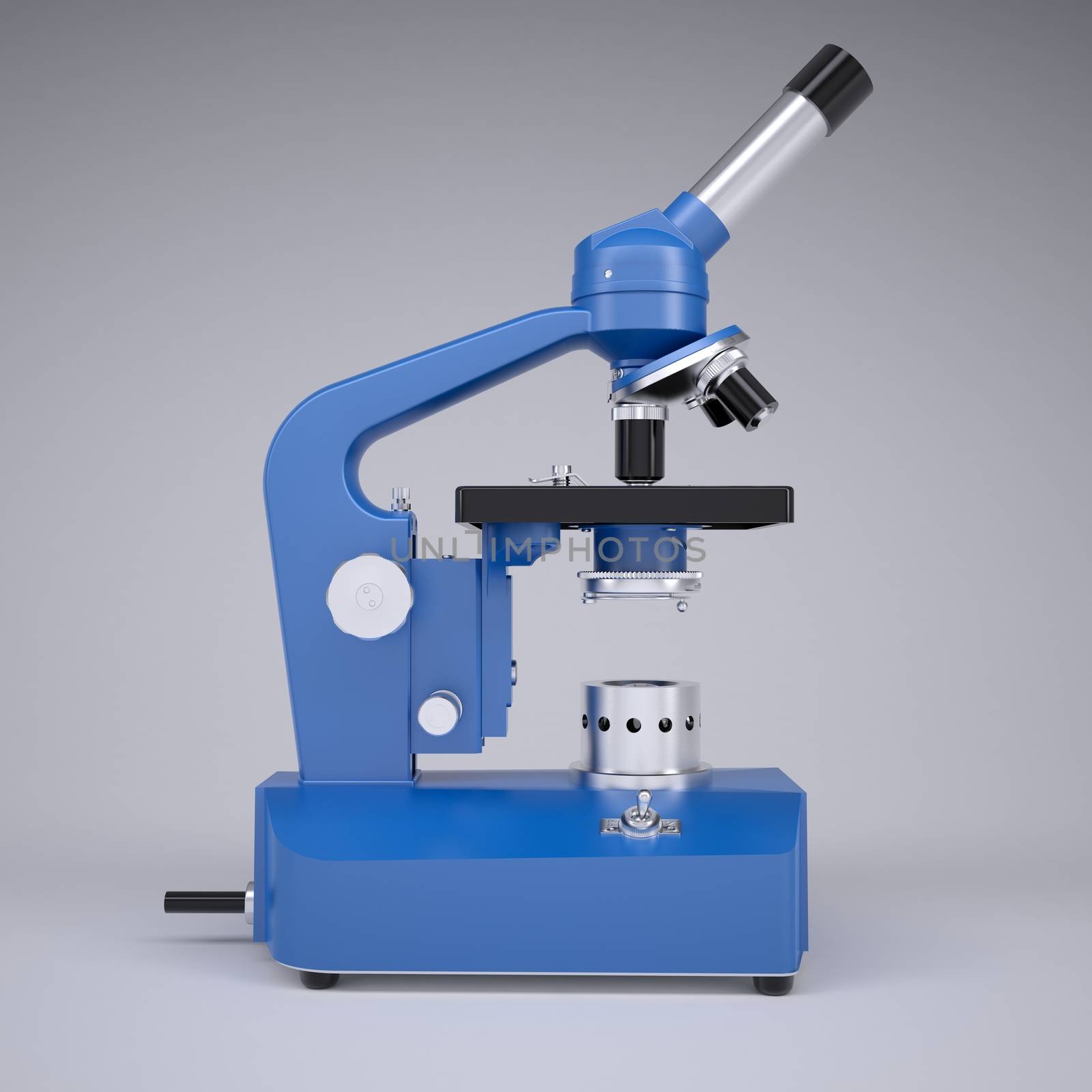 Blue microscope. Studio render on a gray background