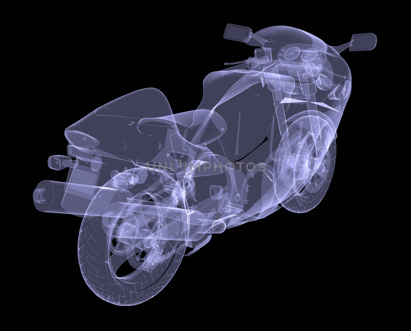 Sport bike. The X-ray render on a black background