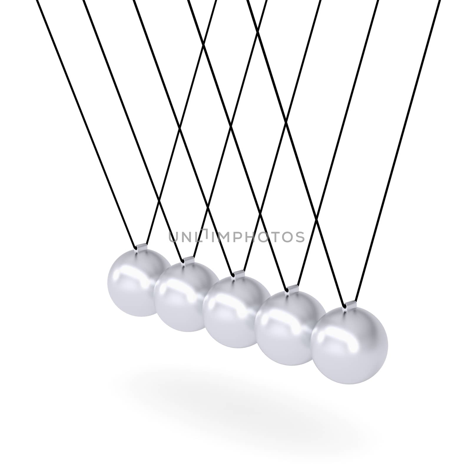 Close up of Newton's cradle. Isolated render on white background