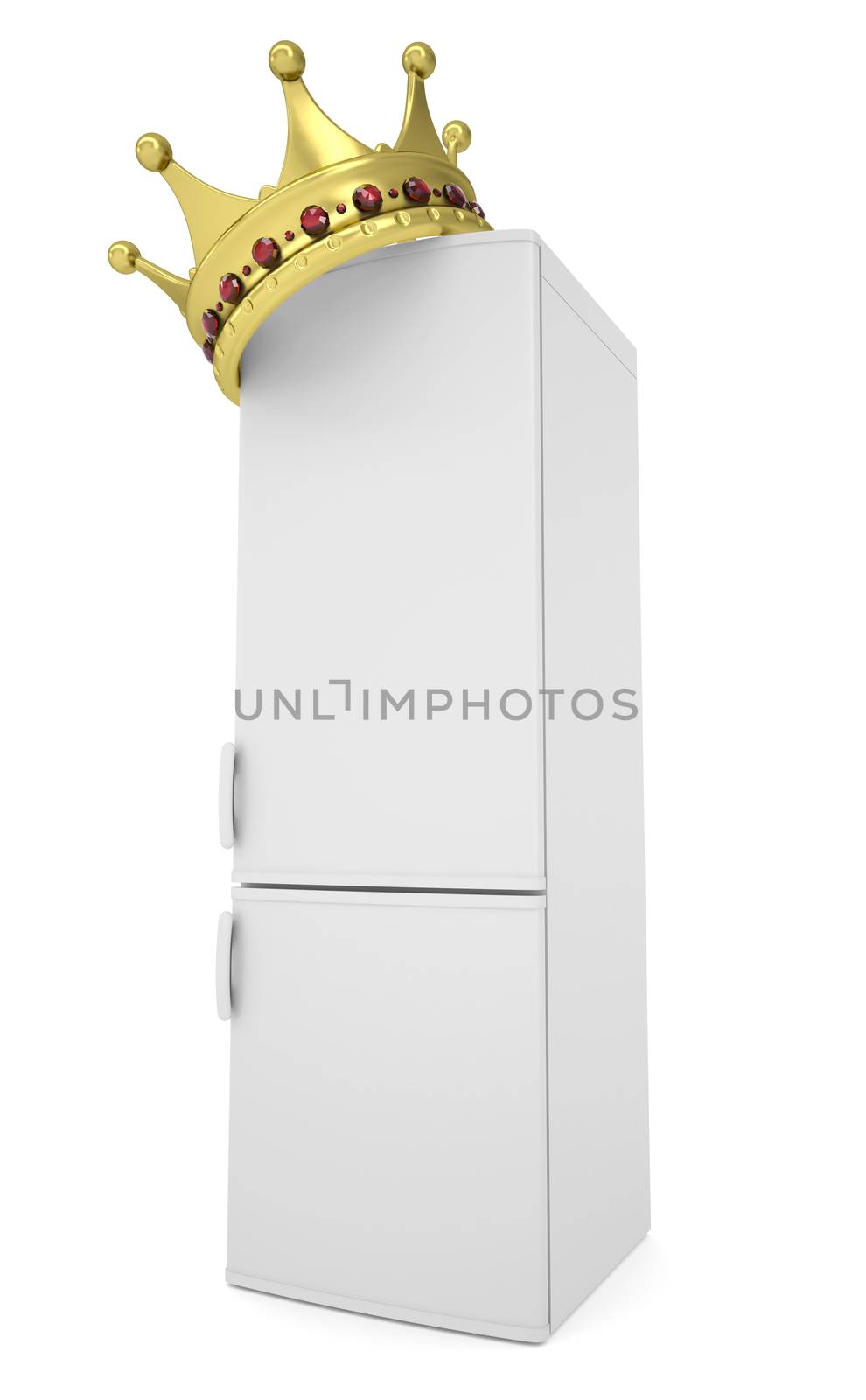 White refrigerator and gold crown. Isolated render on a white background