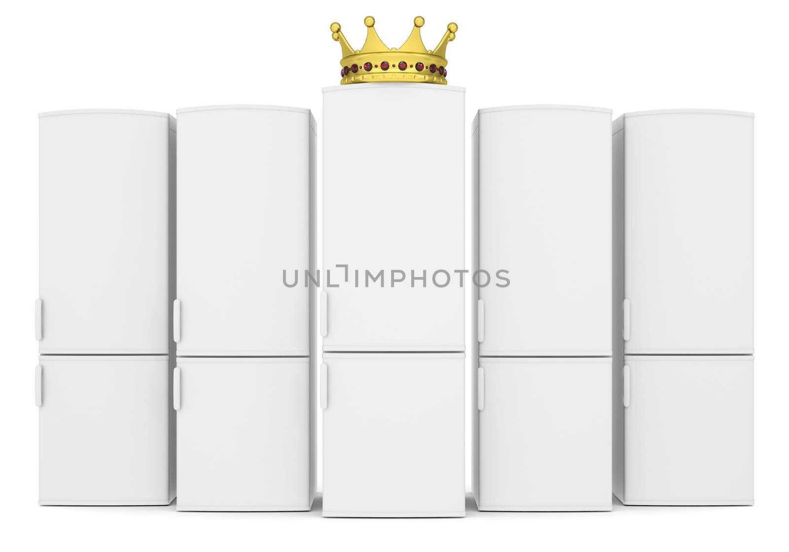 White refrigerators and gold crown. Isolated render on a white background