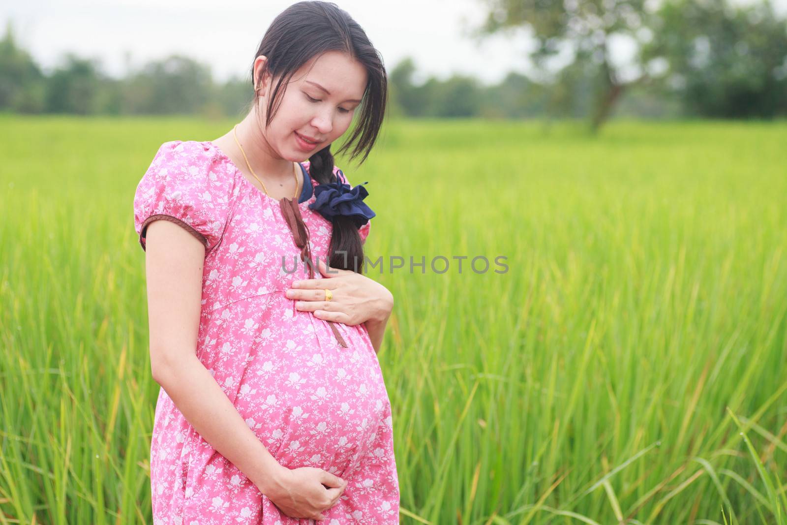 Pregnant woman on green meadow.