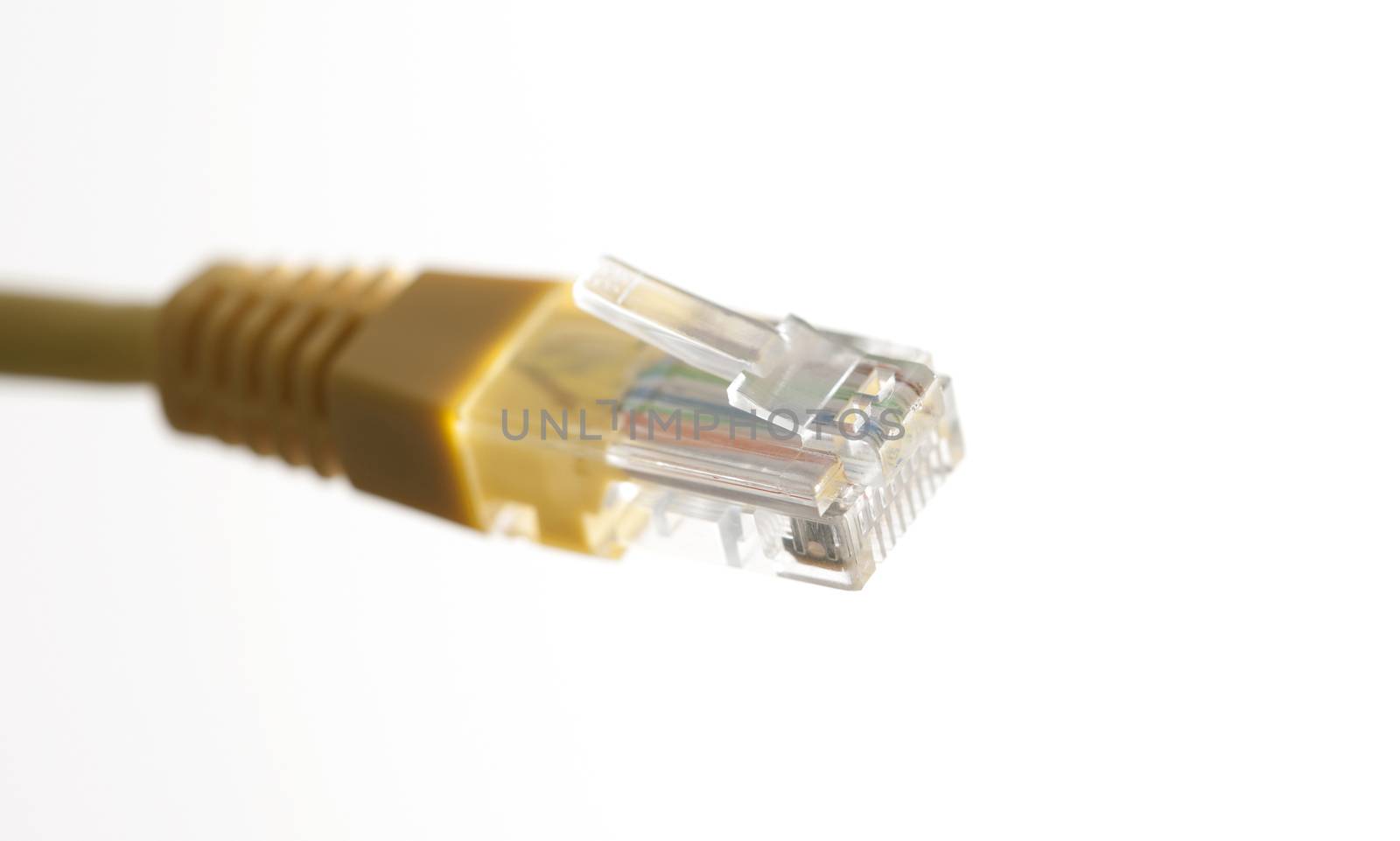Yellow network cable with RJ45 connector on white background by rodrigobellizzi