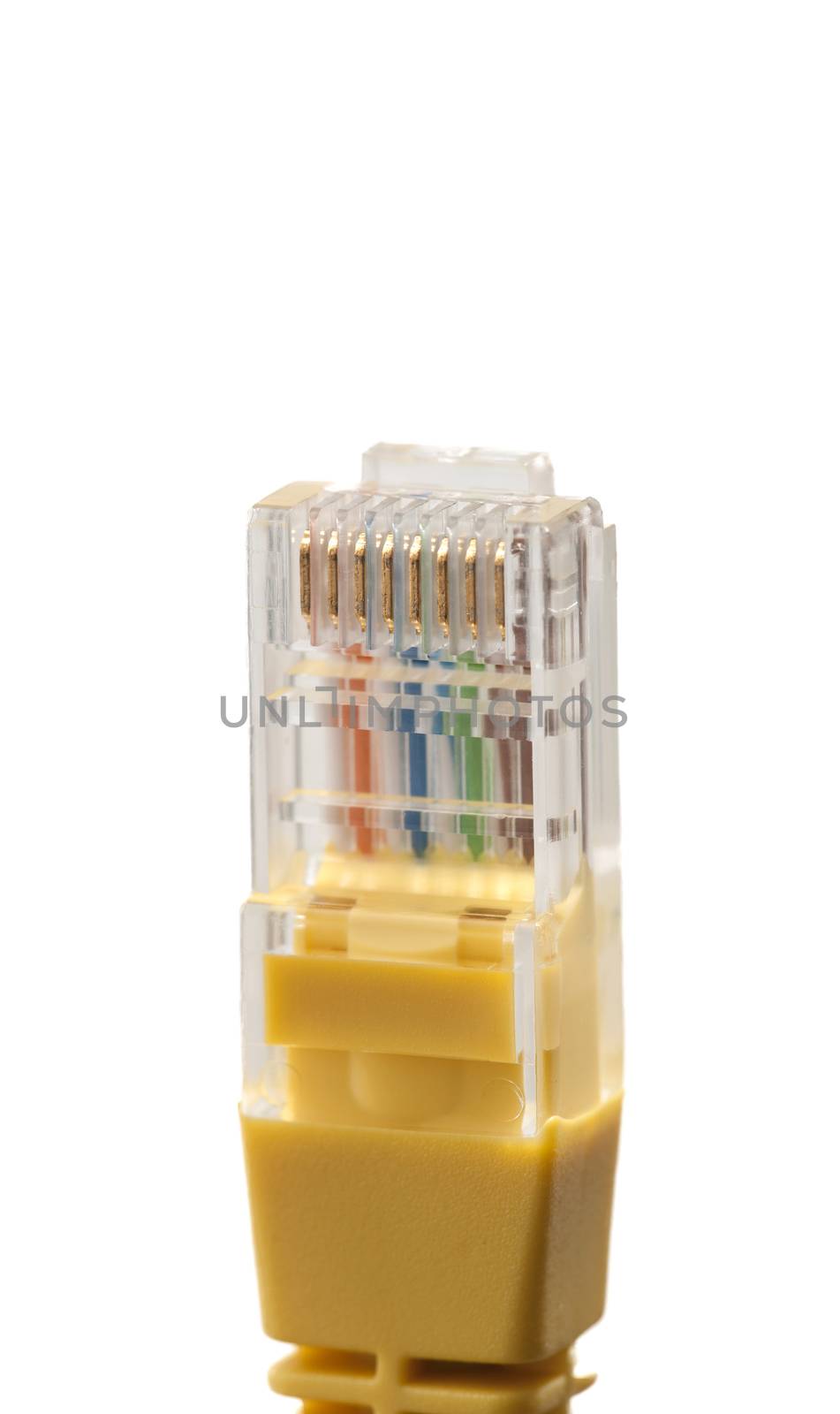 Yellow network cable with RJ45 connector on white background by rodrigobellizzi