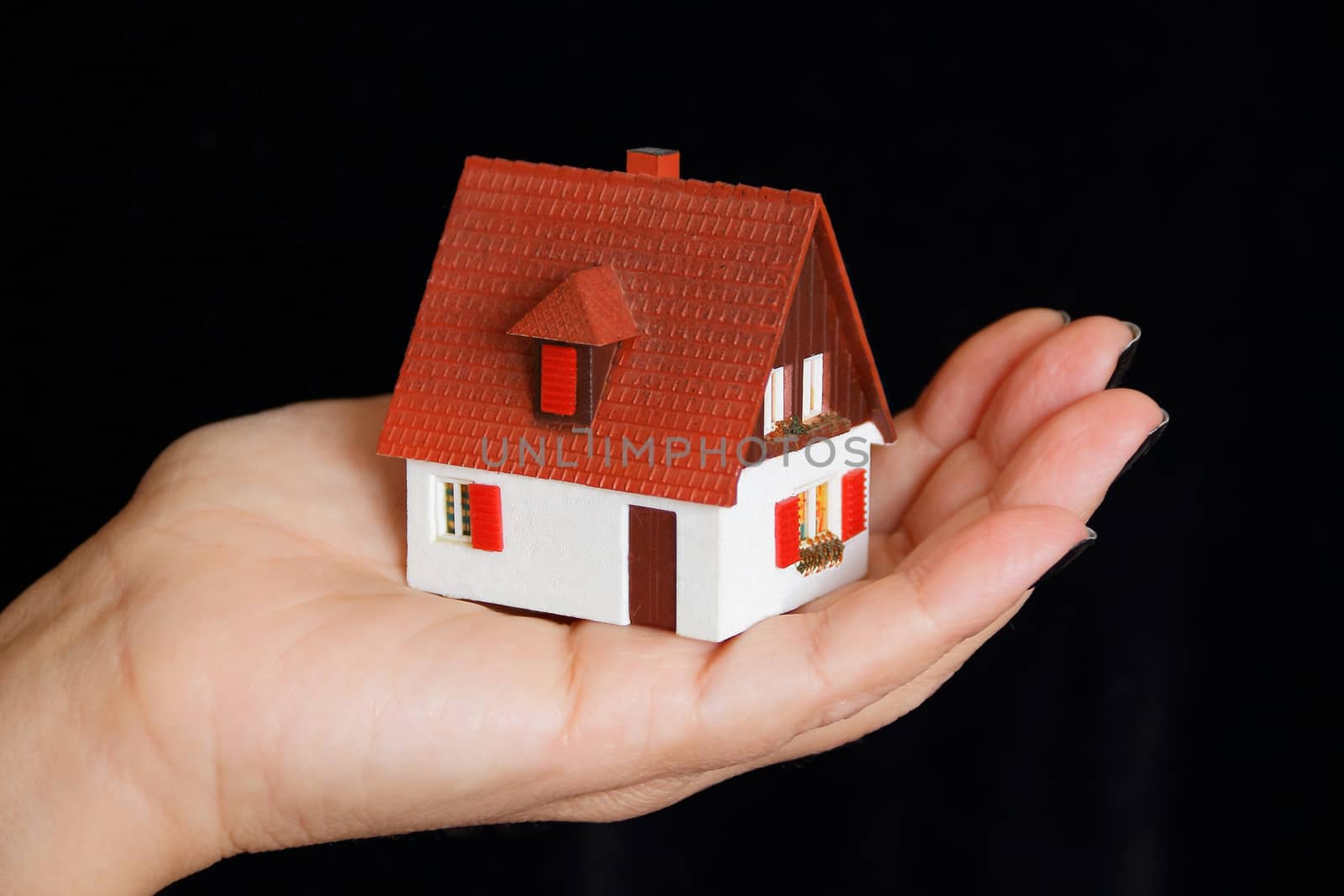 Image of dollhouse in human hand on black background