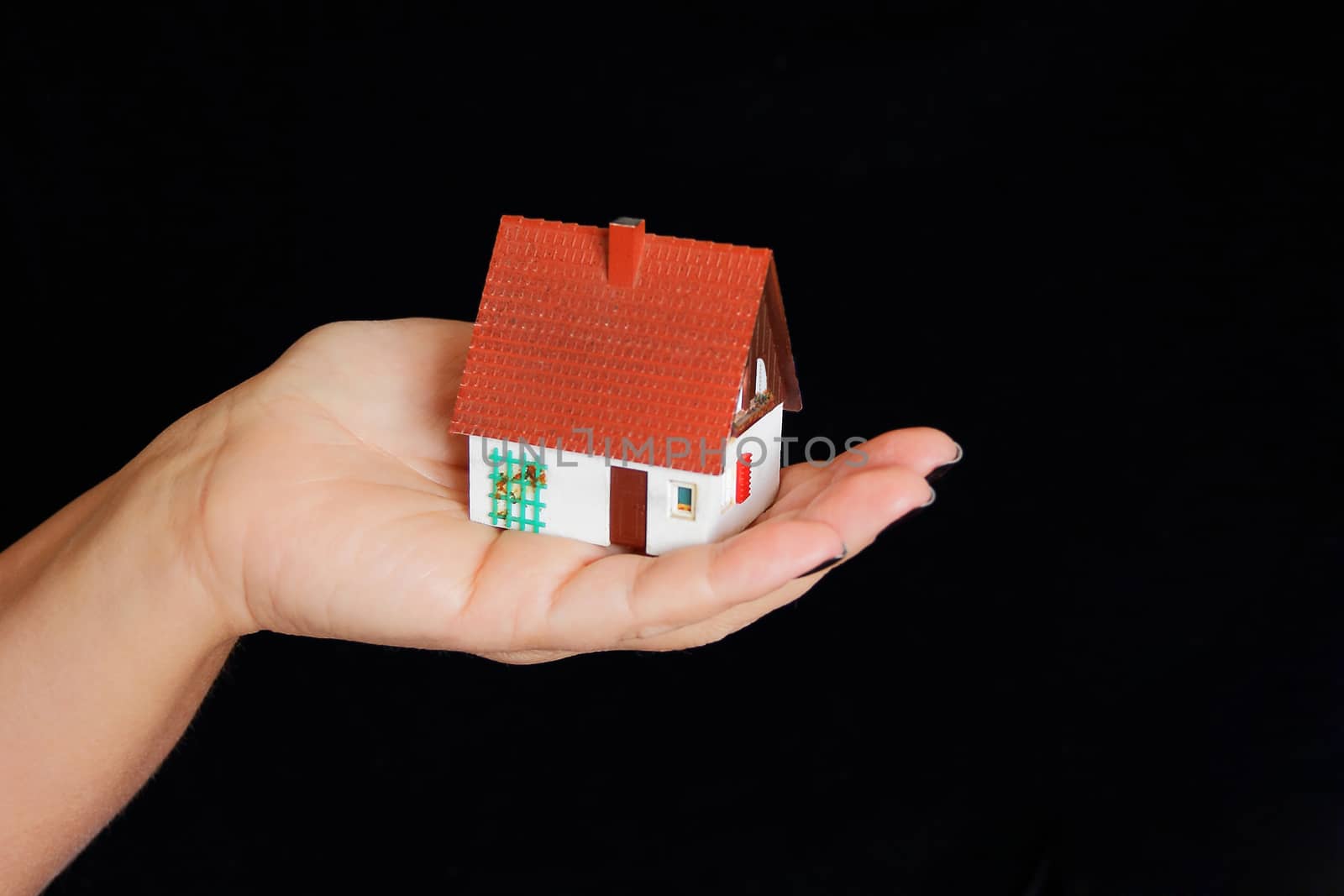 Image of dollhouse in human hand on black background