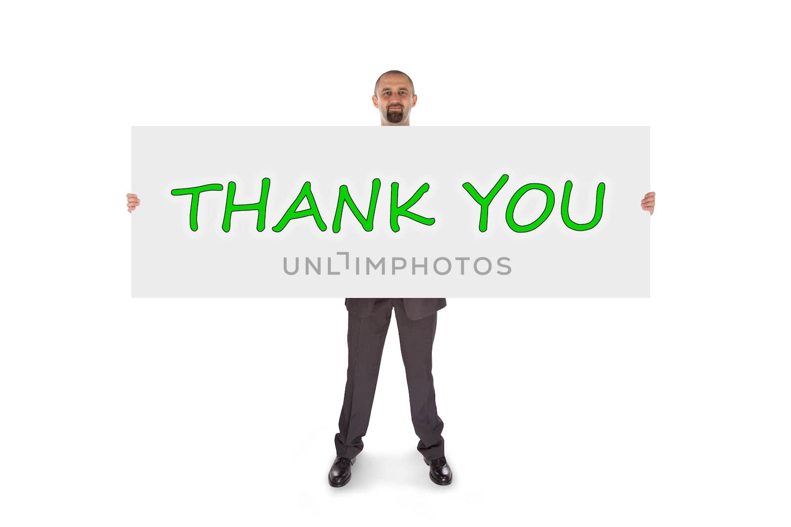 Smiling businessman holding a really big card, isolated on white, thank you