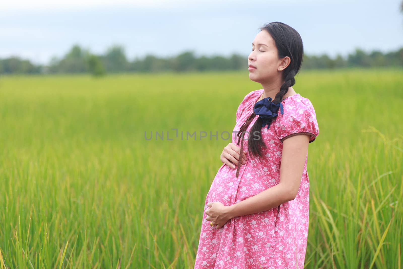 Pregnant woman on green meadow.