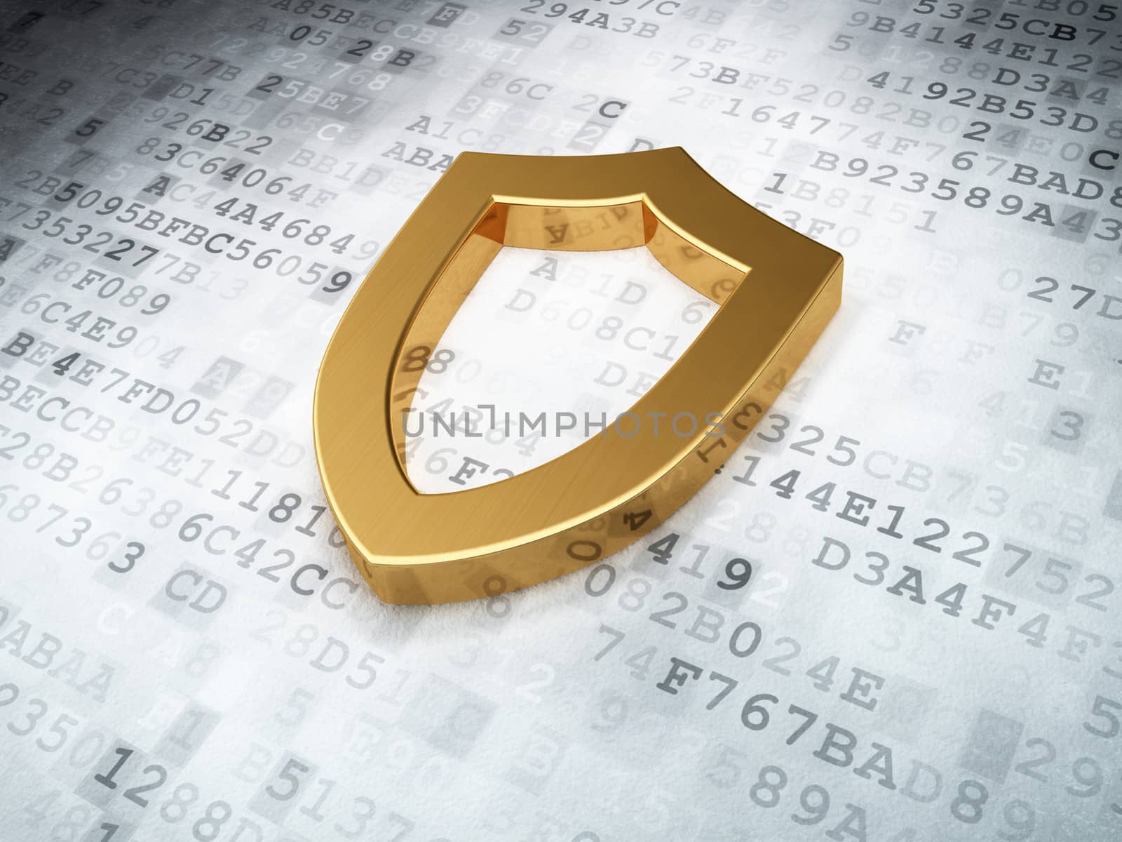 golden contoured shield on digital background, 3d render