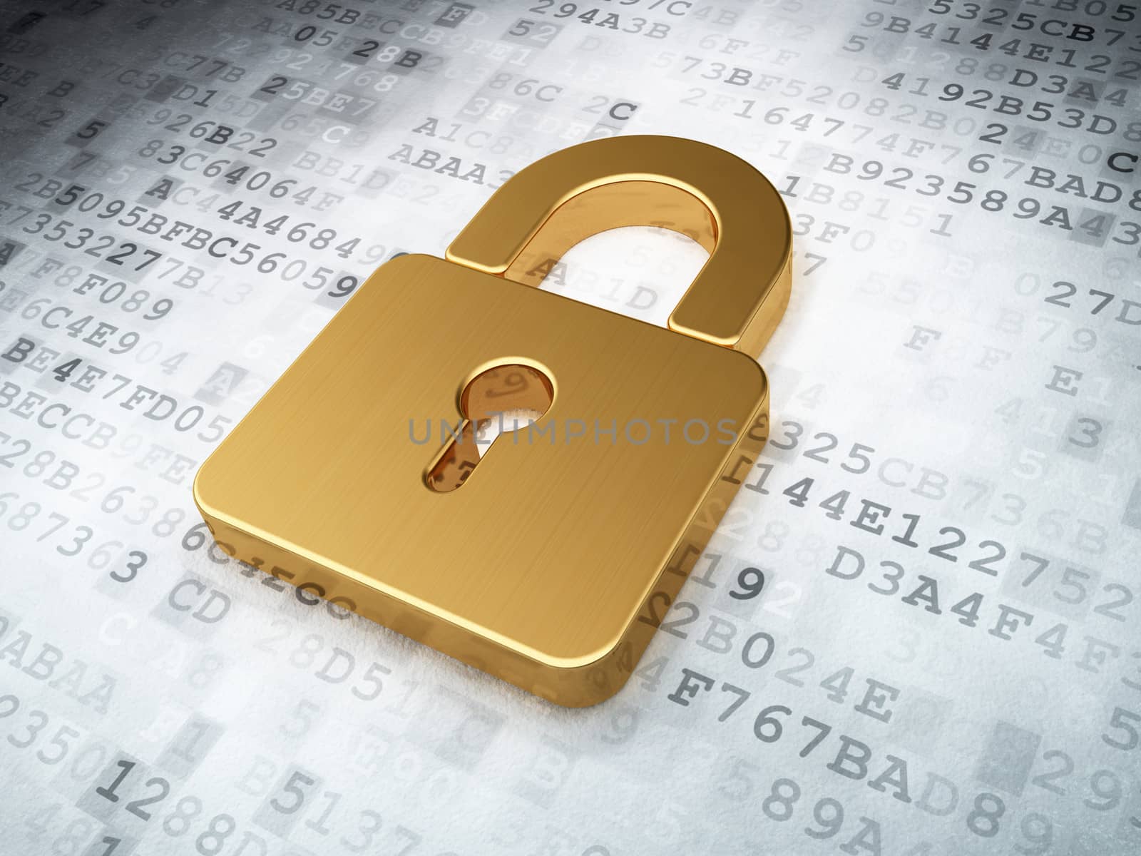 golden closed padlock on digital background, 3d render