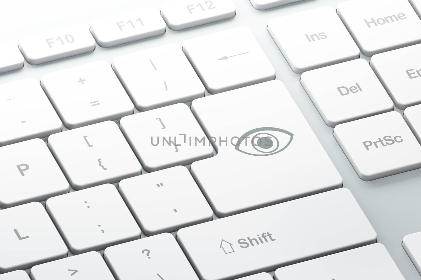 Enter button with eye on computer keyboard, 3d render