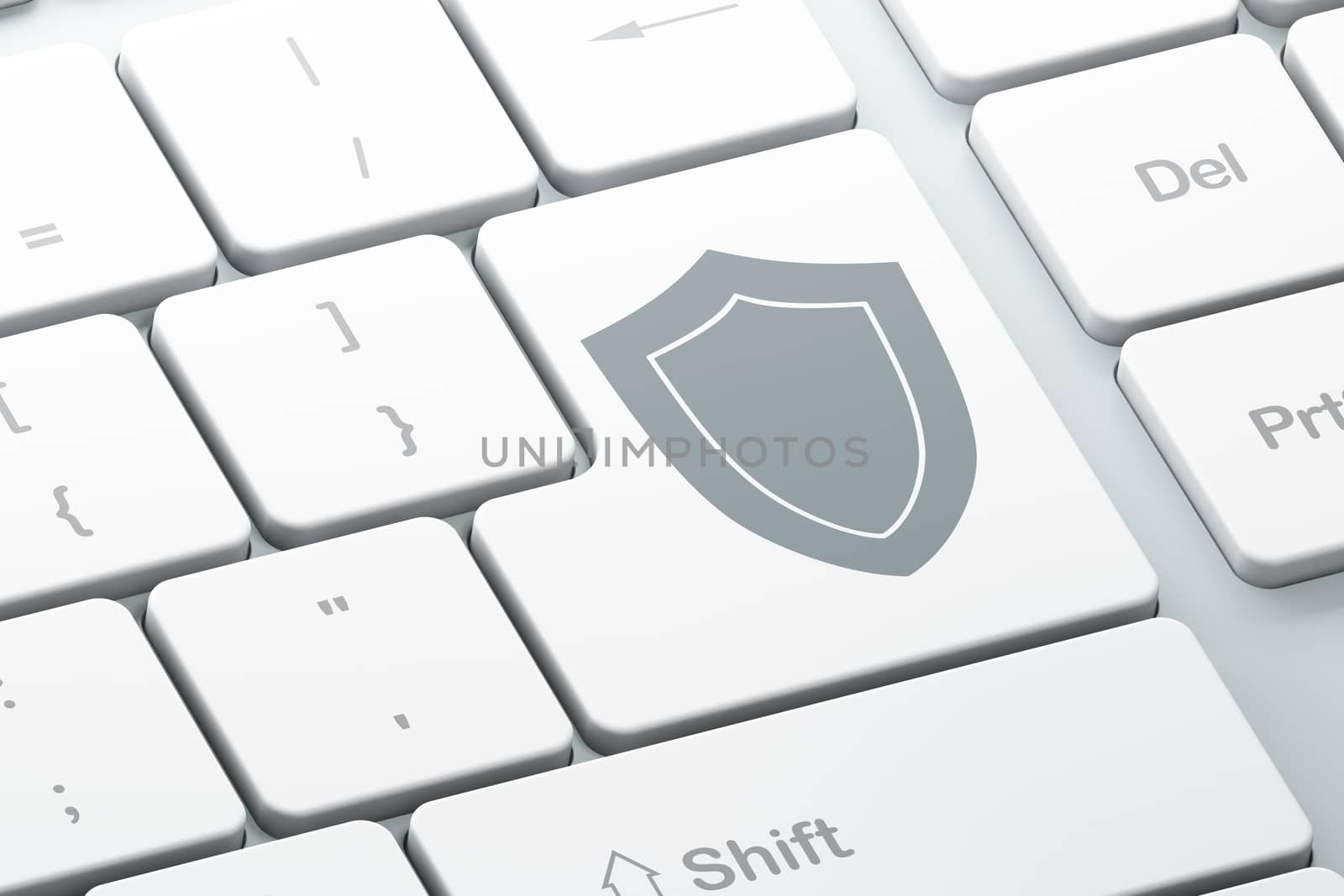 Enter button with shield on computer keyboard, 3d render