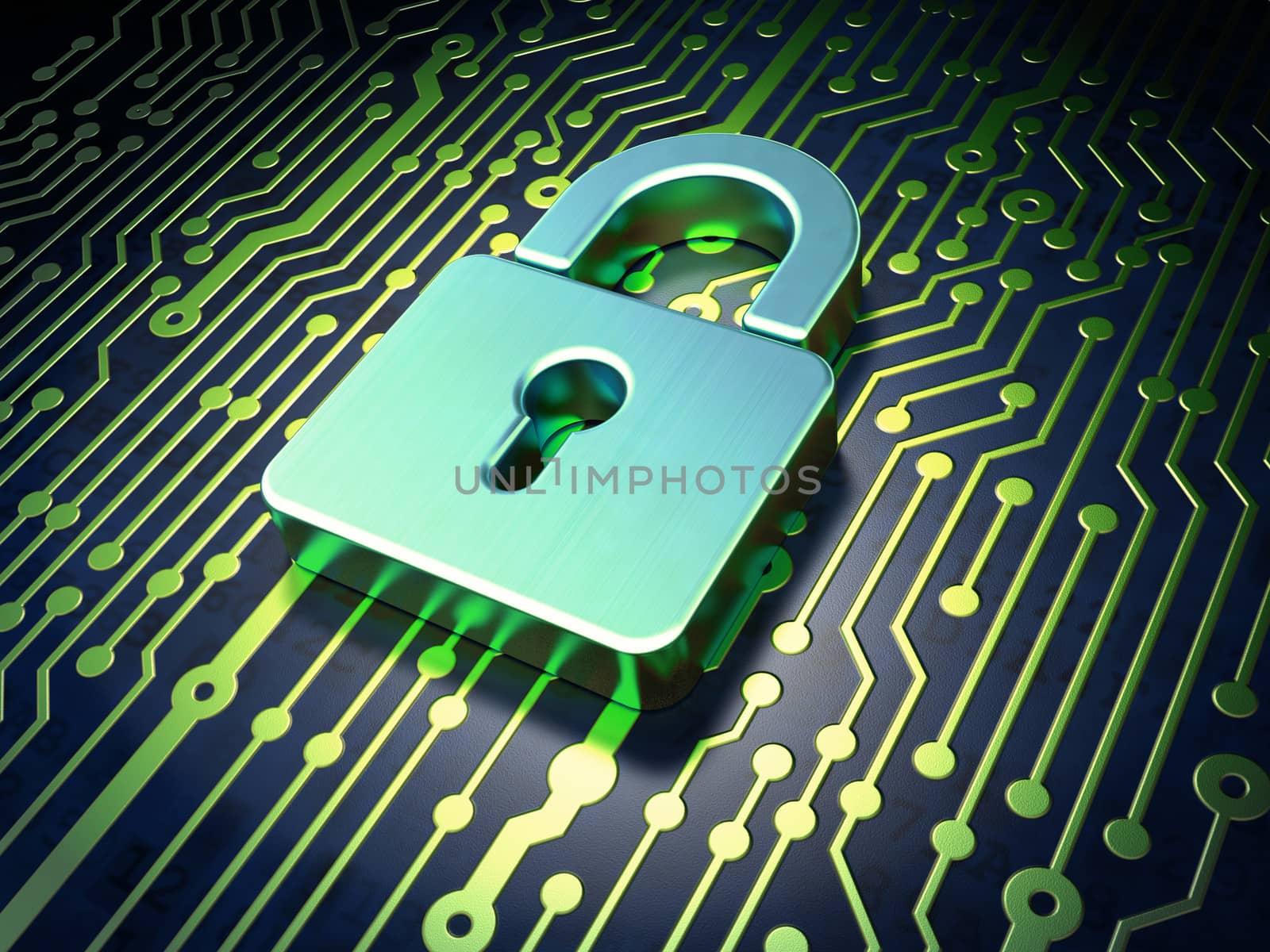 Security concept: circuit board with closed padlock icon by maxkabakov