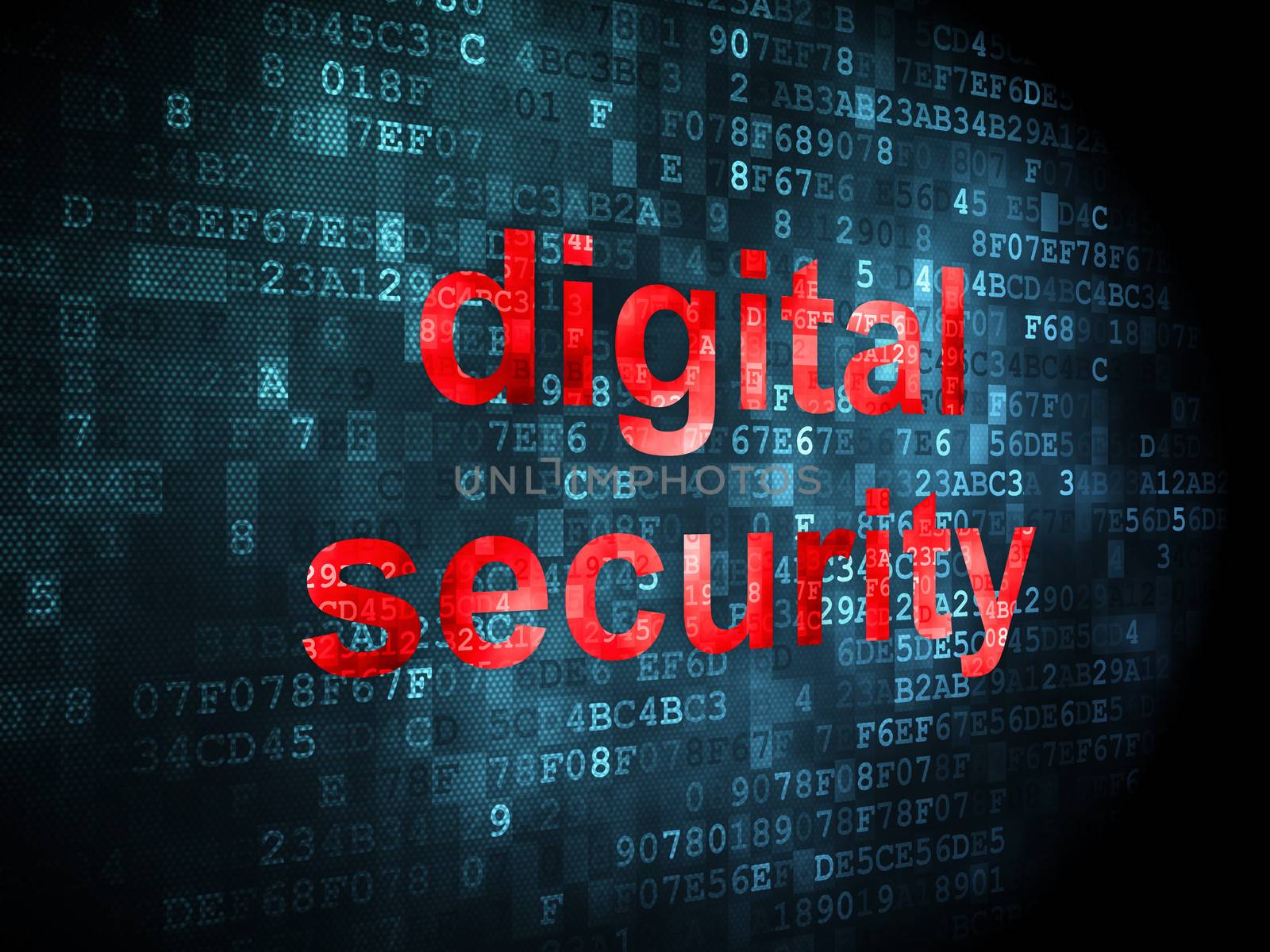 Security concept: pixelated words digital security on digital background, 3d render