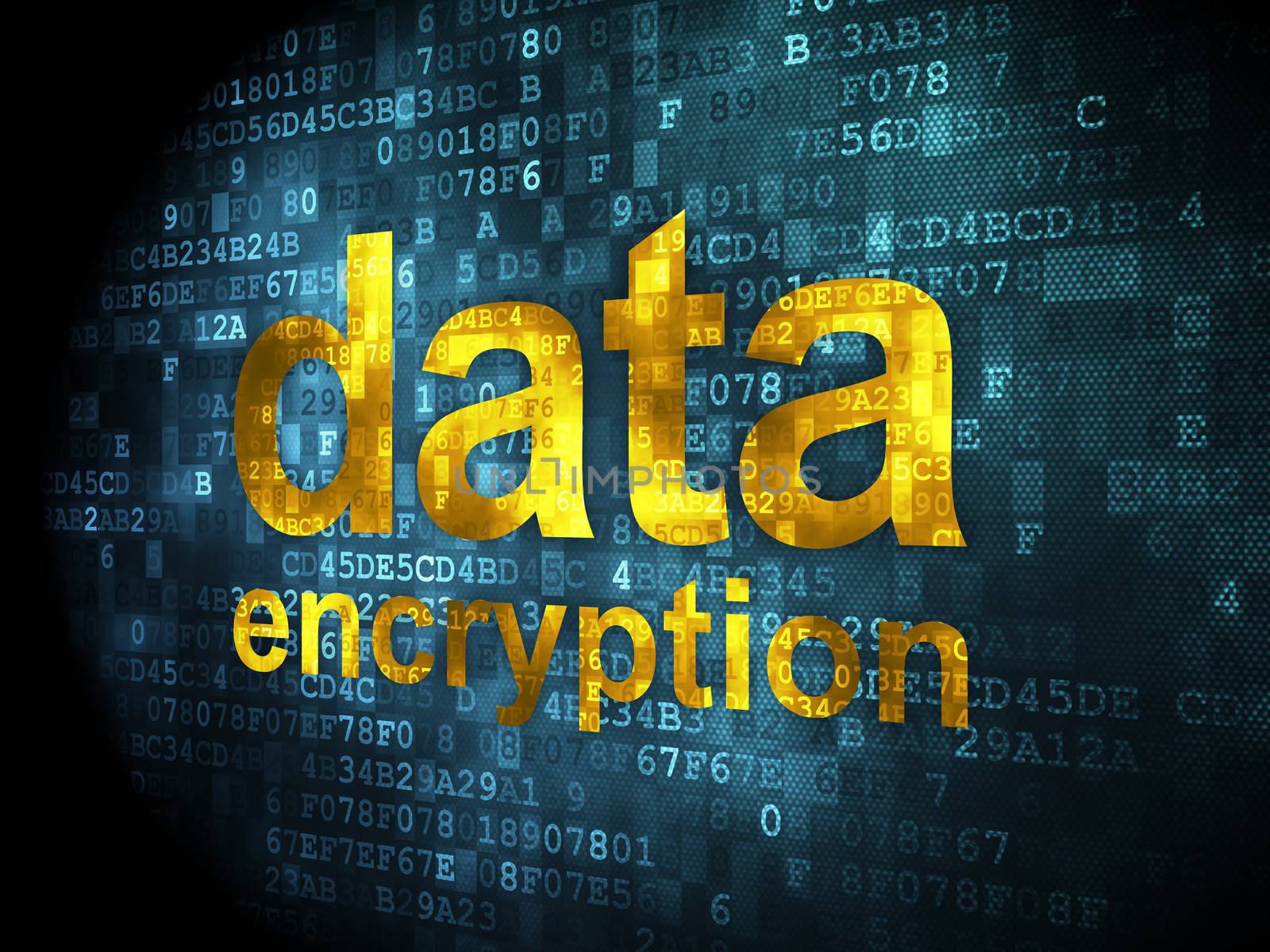 Information concept: pixelated words data encryption on digital background, 3d render