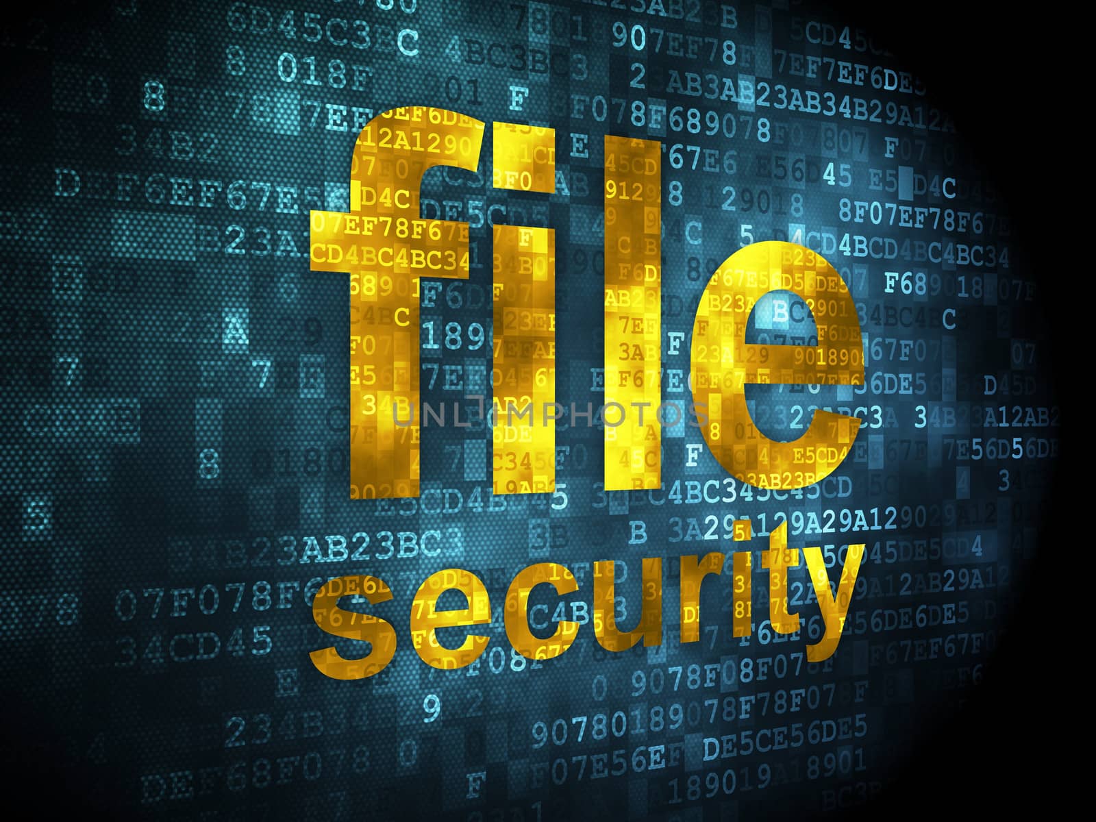 Security concept: pixelated words file security on digital background, 3d render