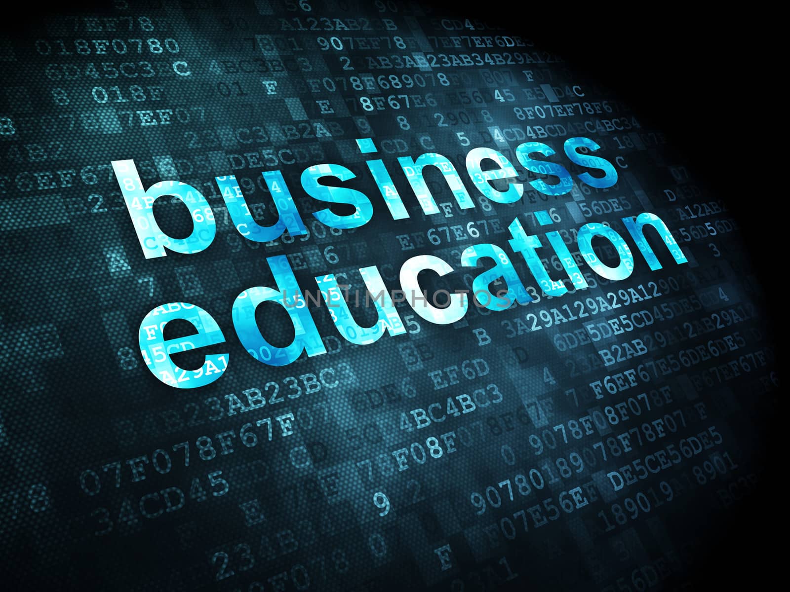 Education concept: pixelated words business education on digital background, 3d render