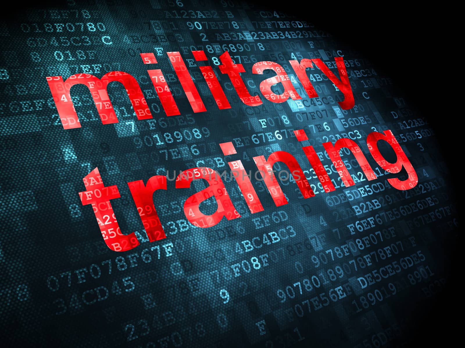 Education concept: pixelated words military training on digital background, 3d render
