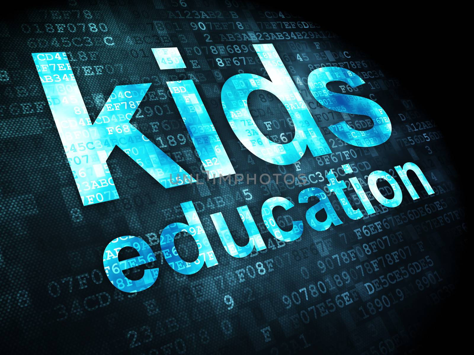 Education concept: pixelated words kids education on digital background, 3d render