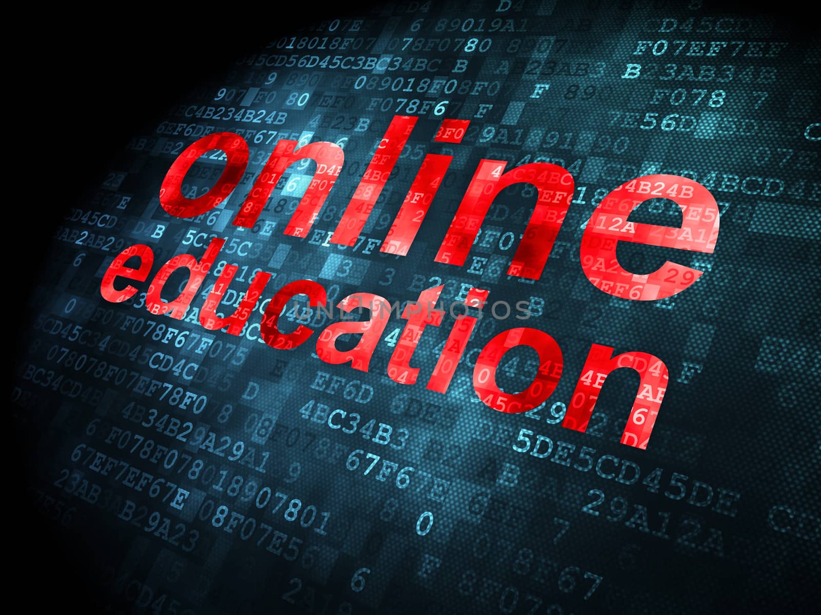 Education concept: pixelated words online education on digital background, 3d render