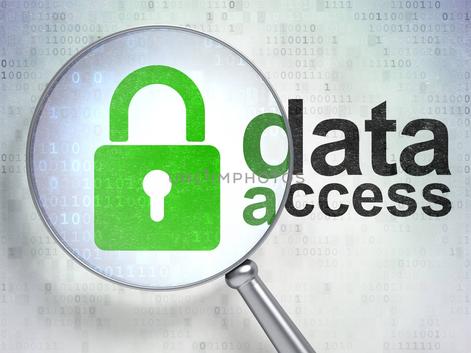 Data concept: magnifying optical glass with Closed Padlock icon and Data Access word on digital background, 3d render