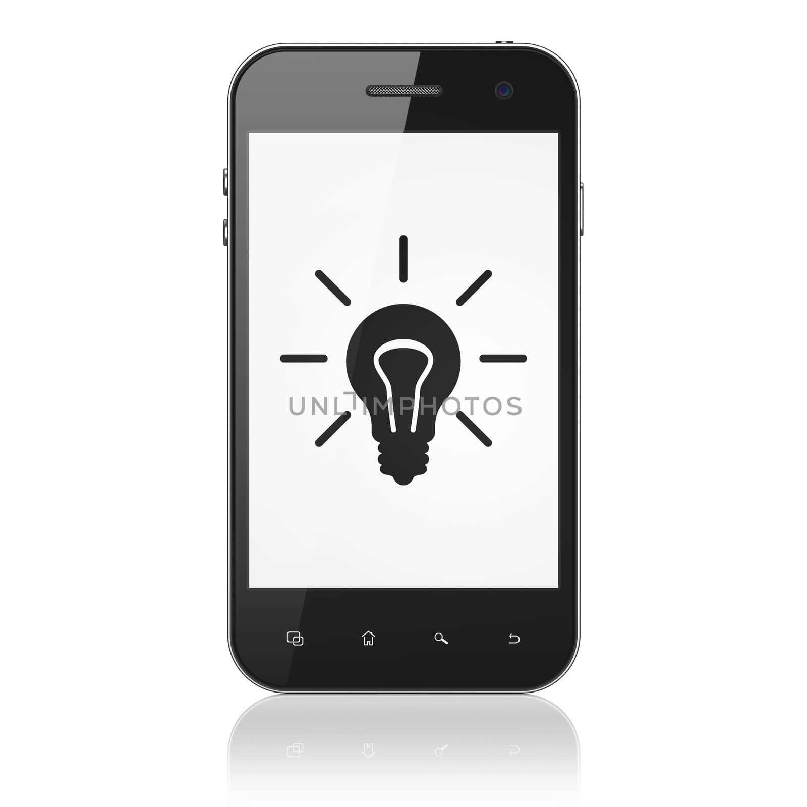 Business concept: smartphone with Light Bulb icon on display. Mobile smart phone on White background, cell phone 3d render