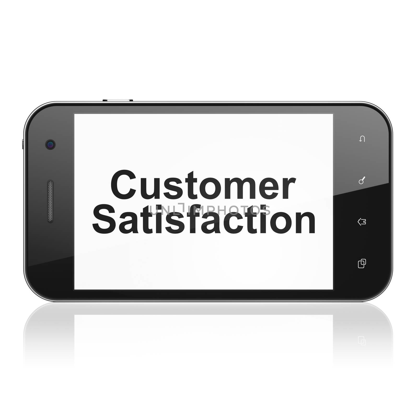 Marketing concept: smartphone with text Customer Satisfaction on display. Mobile smart phone on White background, cell phone 3d render