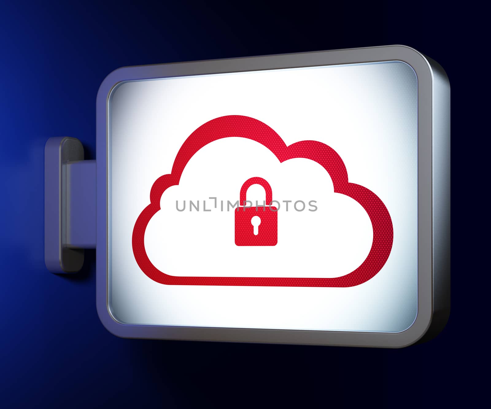 Cloud technology concept: Cloud With Padlock on advertising billboard background, 3d render