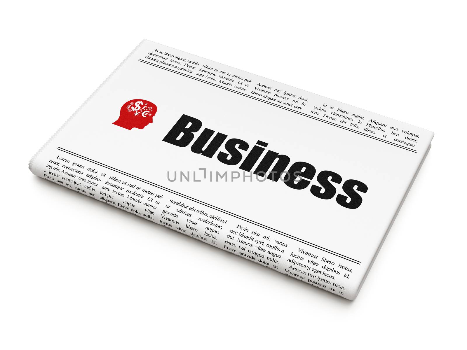 Finance news concept: newspaper headline Business and Head With Finance Symbol icon on White background, 3d render