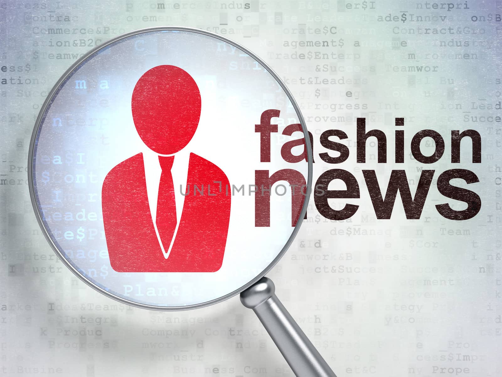 News concept: magnifying optical glass with Business Man icon and Fashion News word on digital background, 3d render