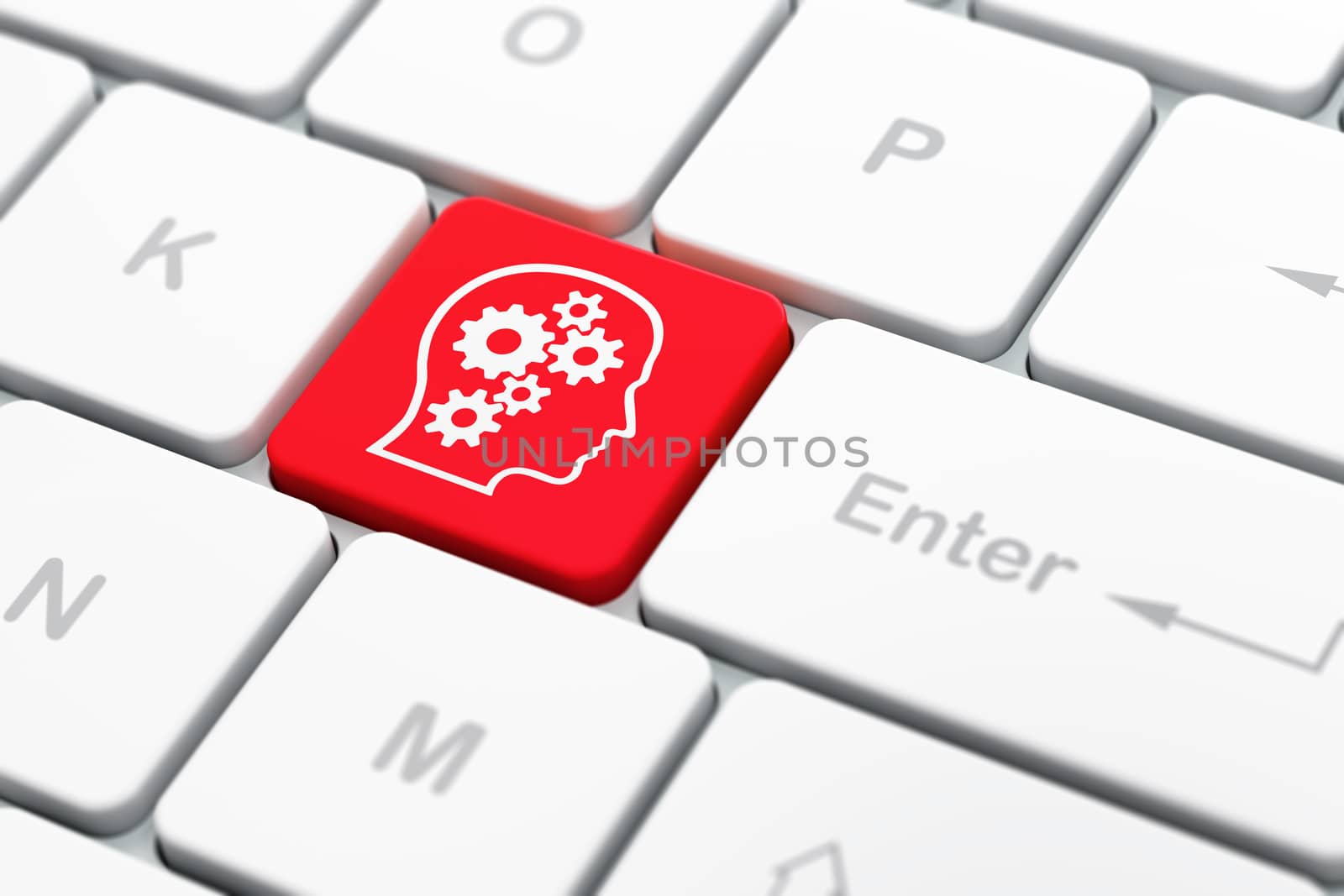 Business concept: computer keyboard with Head With Gears icon on enter button background, selected focus, 3d render