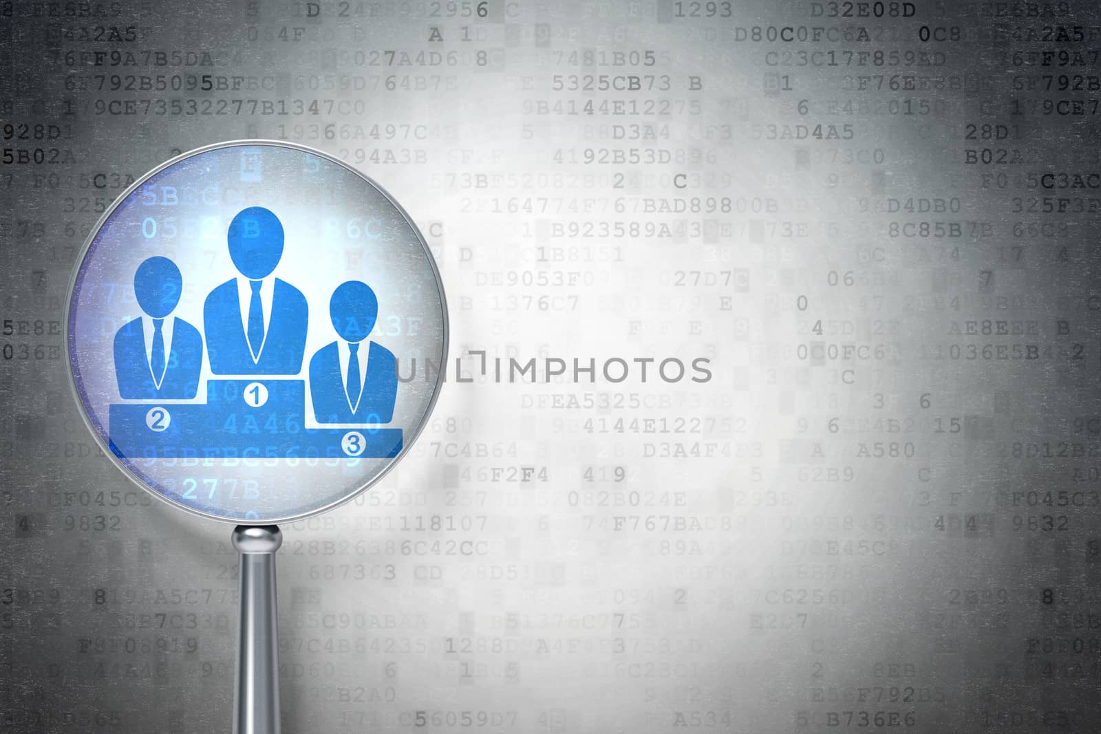 Business concept: magnifying optical glass with Business Team icon on digital background, empty copyspace, 3d render