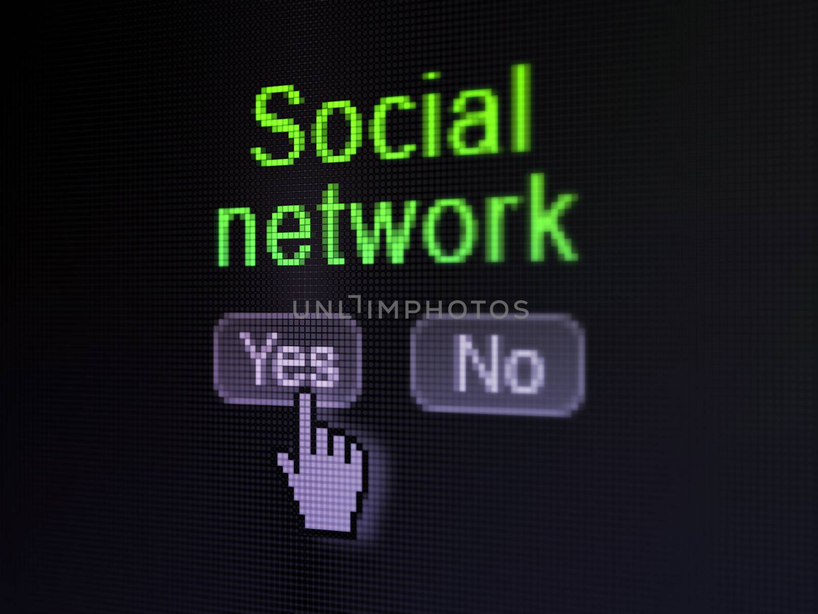 Social network concept: buttons yes and no with pixelated word Social Network and Hand cursor on digital computer screen, 3d render