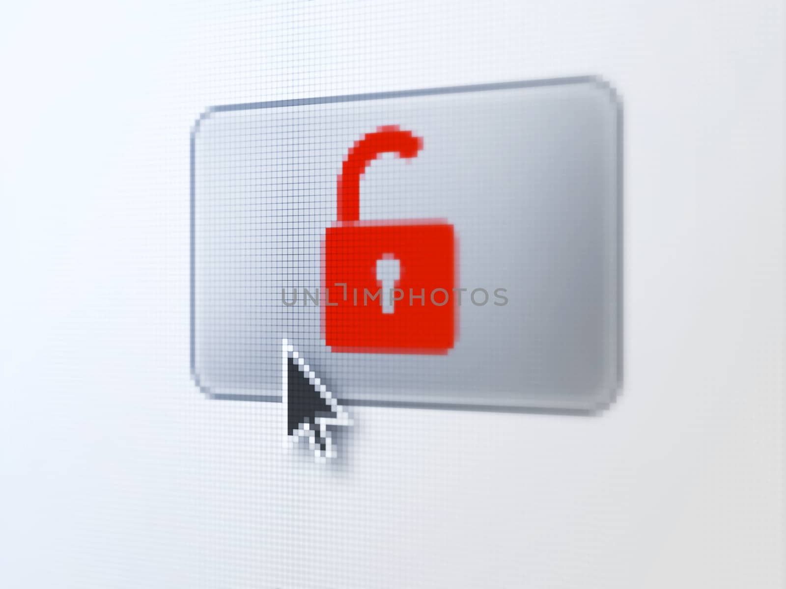 Safety concept: pixelated Opened Padlock on button with Arrow cursor on digital computer screen, selected focus 3d render