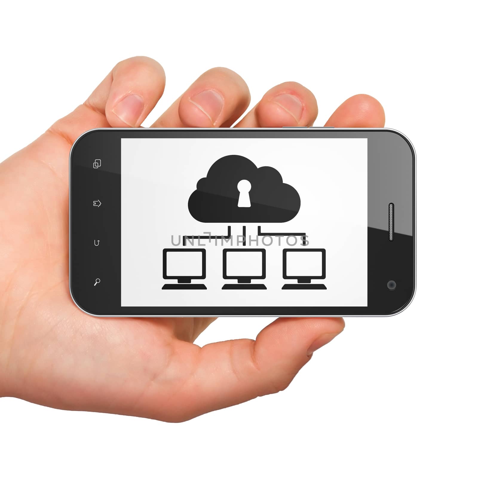 Safety concept: hand holding smartphone with Cloud Network on display. Mobile smart phone in hand on White background, 3d render