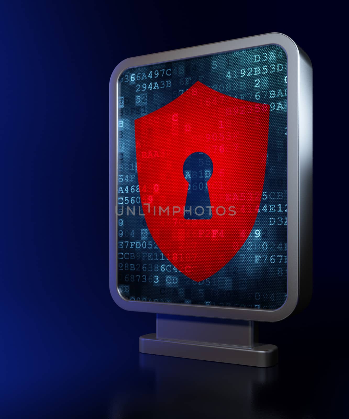 Privacy concept: Shield With Keyhole on advertising billboard background, 3d render