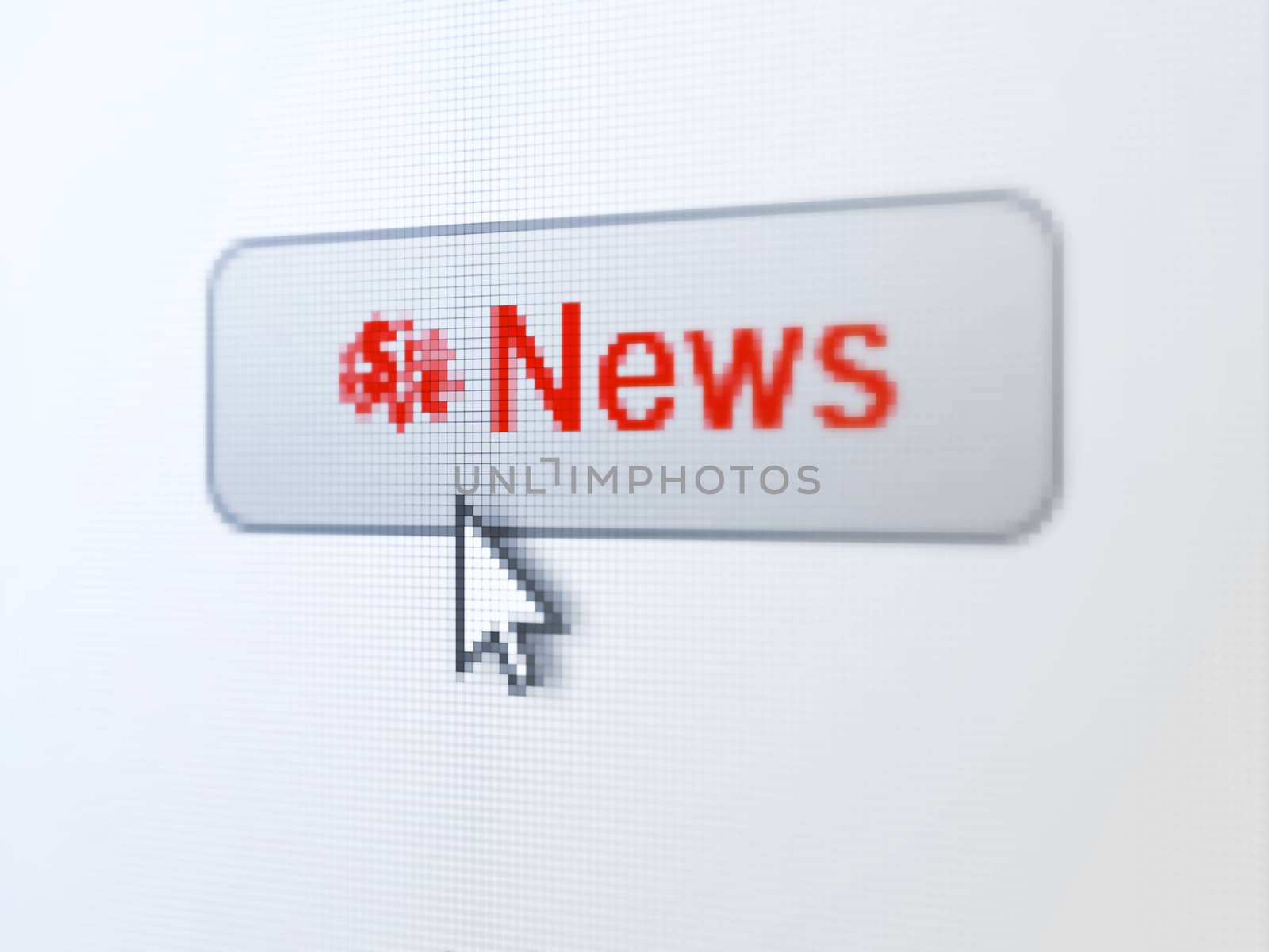 News concept: pixelated words News and Finance Symbol icon on button withArrow cursor on digital computer screen background, 3d render