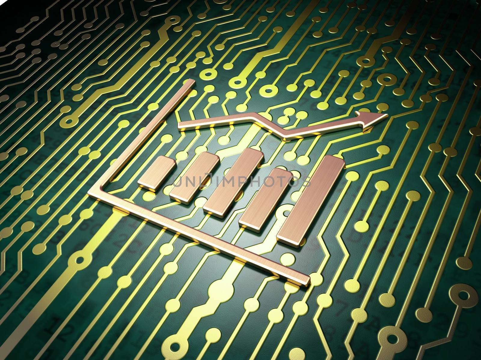 News concept: circuit board with Growth Graph icon, 3d render