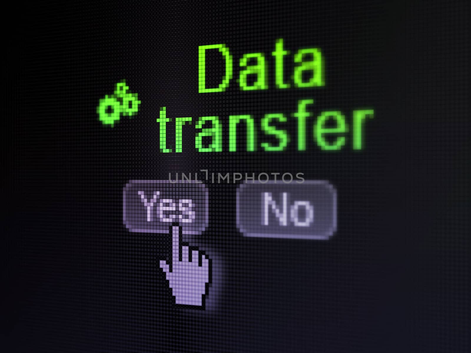 Information concept: buttons yes and no with pixelated Gears icon, word Data Transfer and Hand cursor on digital computer screen, 3d render