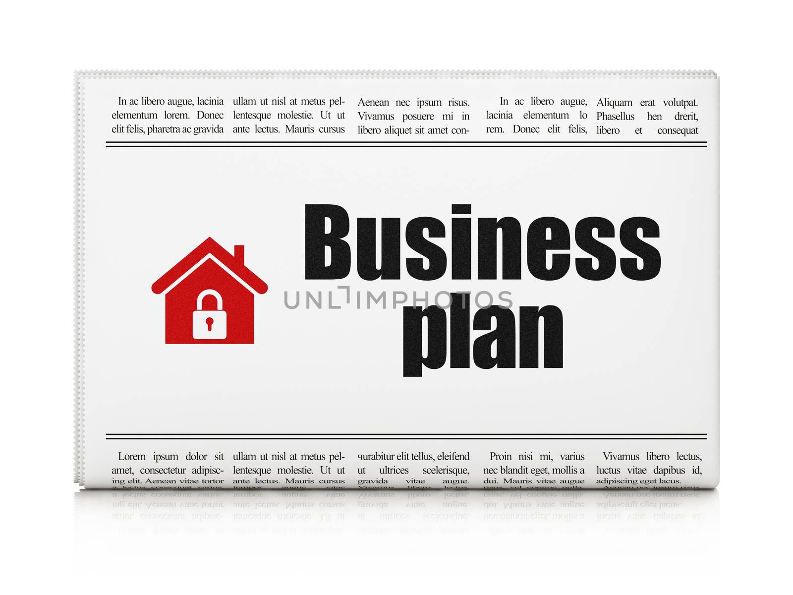 Finance news concept: newspaper headline Business Plan and Home icon on White background, 3d render