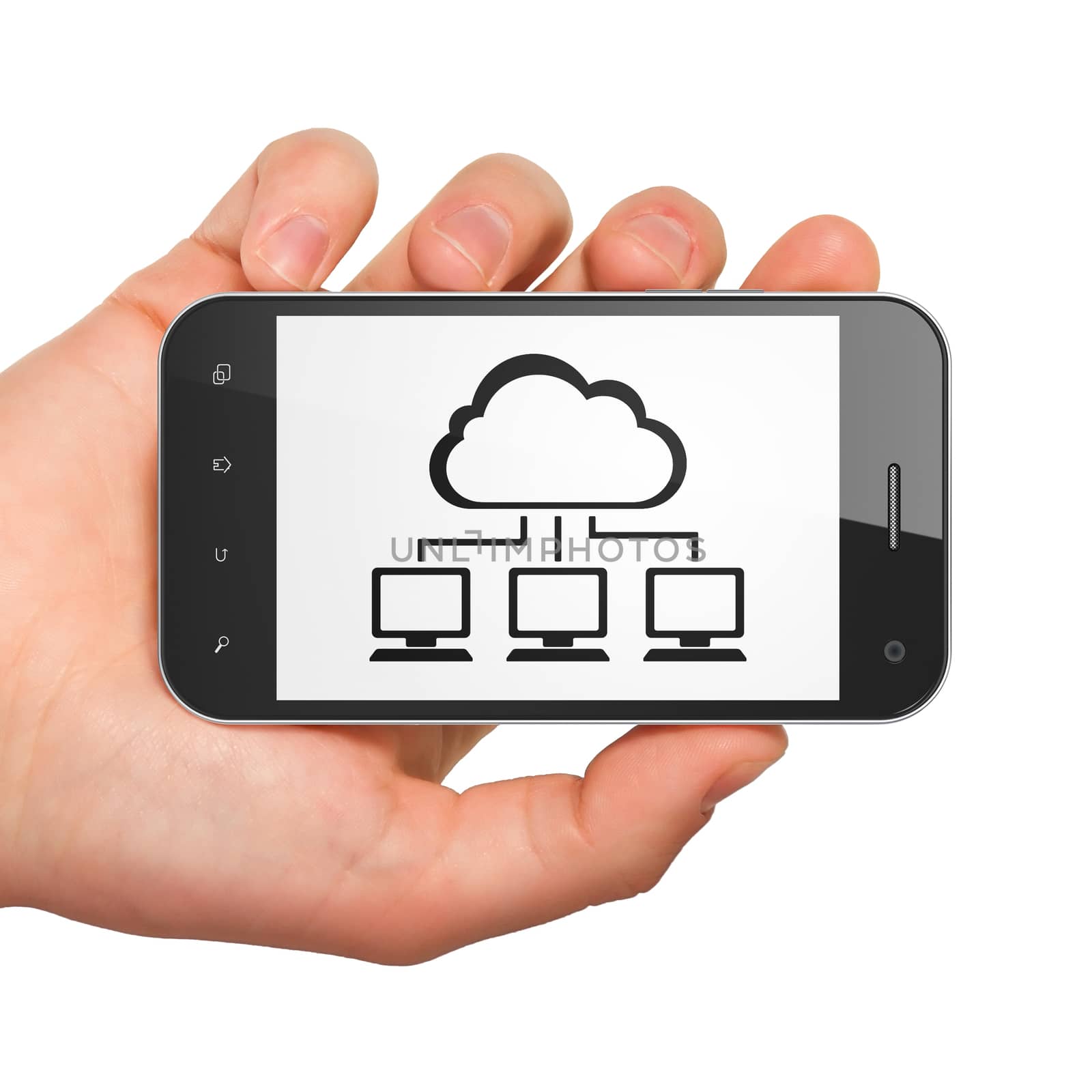Cloud networking concept: hand holding smartphone with Cloud Network on display. Mobile smart phone in hand on White background, 3d render