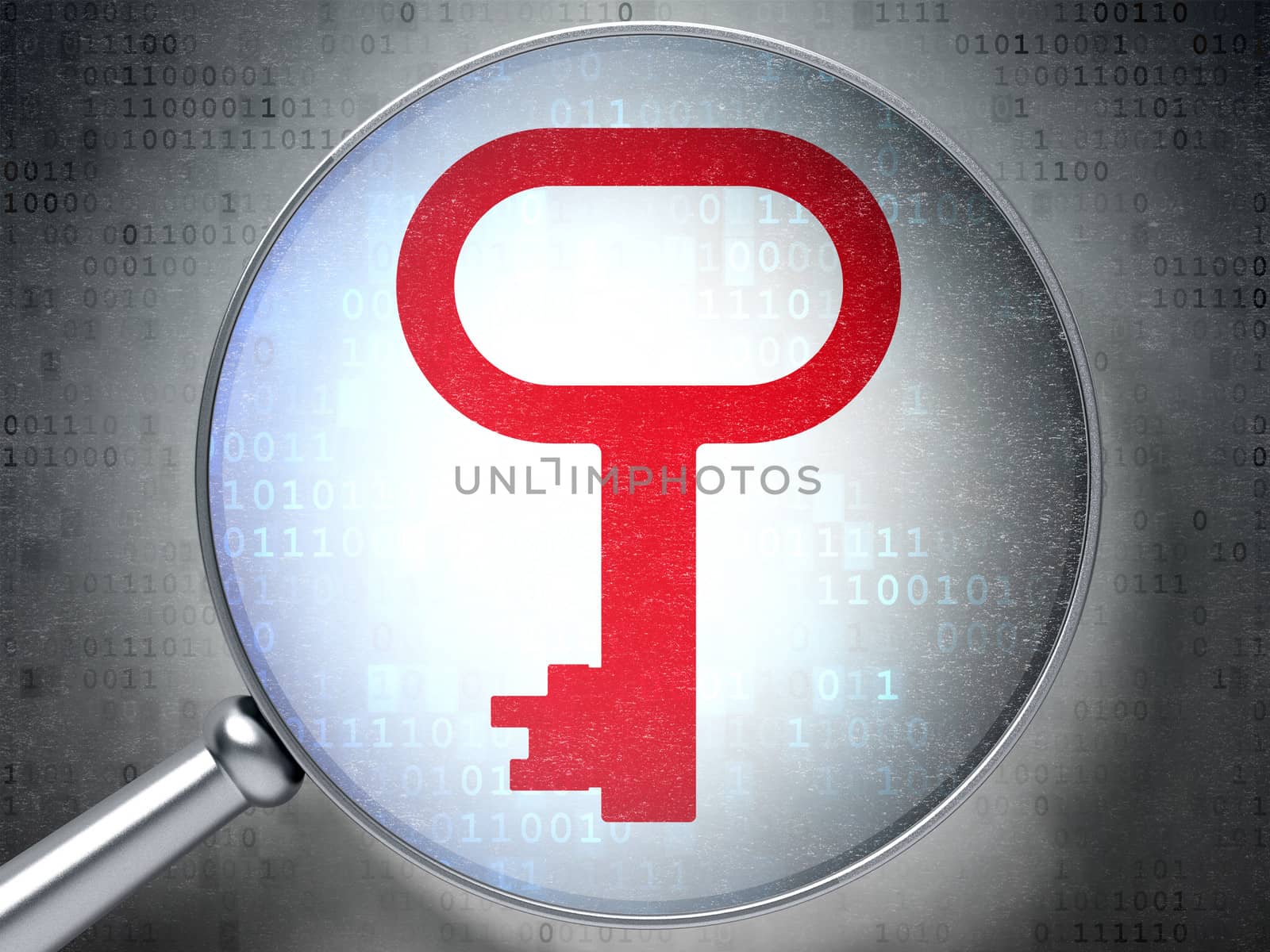 Protection concept: magnifying optical glass with Key icon on digital background, 3d render