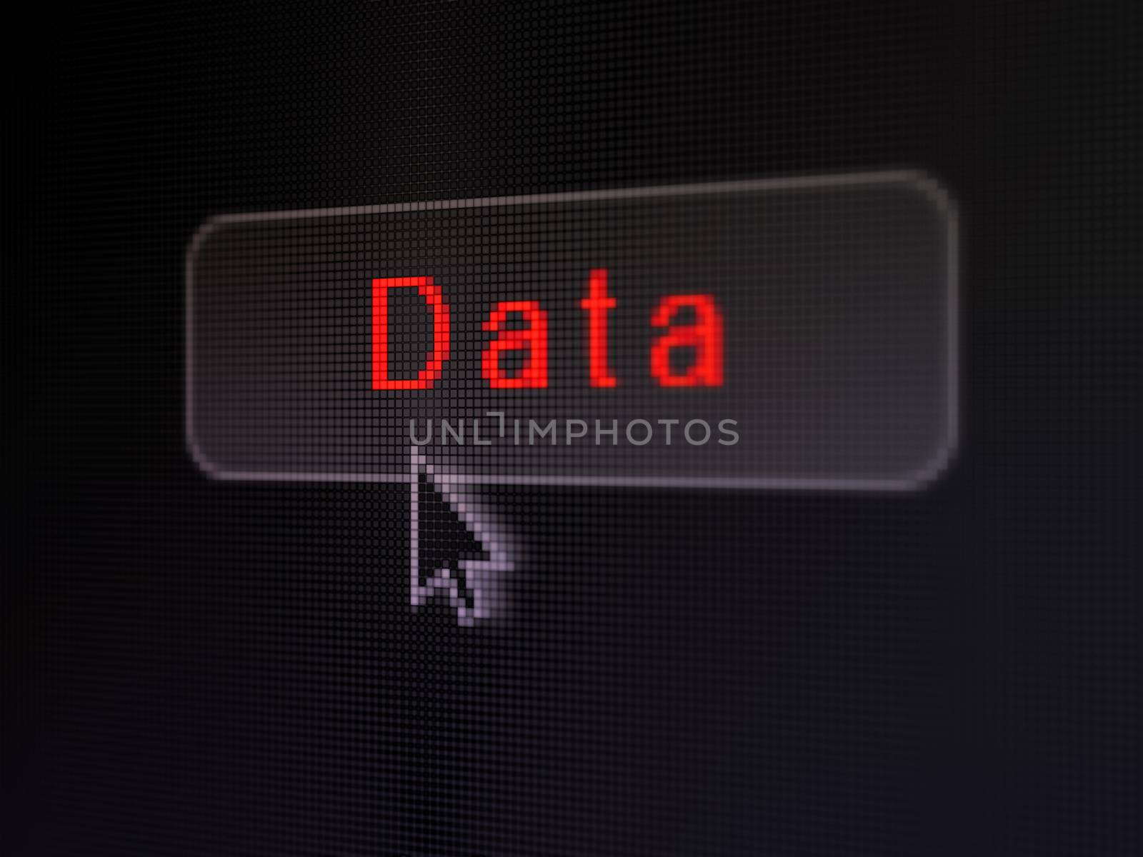 Data concept: pixelated words Data on button with Arrow cursor on digital computer screen background, selected focus 3d render