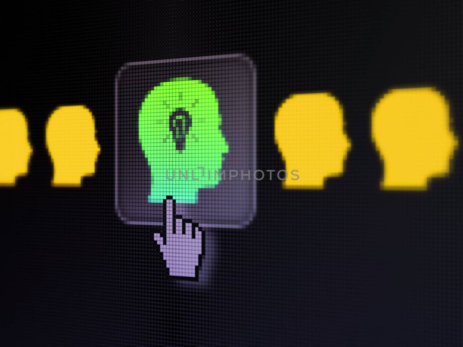 Business concept: pixelated Head Whis Lightbulb icon on button with Hand cursor on digital computer screen, selected focus 3d render