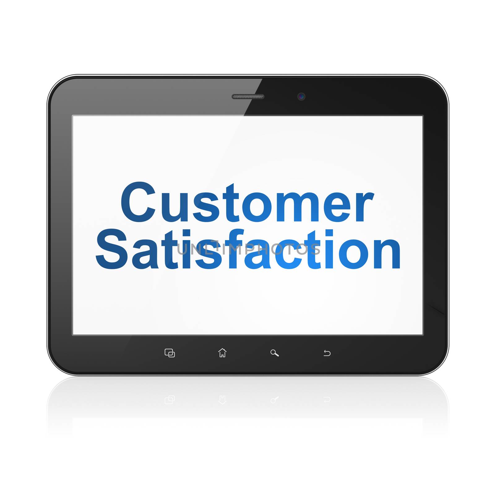 Marketing concept: black tablet pc computer with text Customer Satisfaction on display. Portable touch pad on White background, 3d render