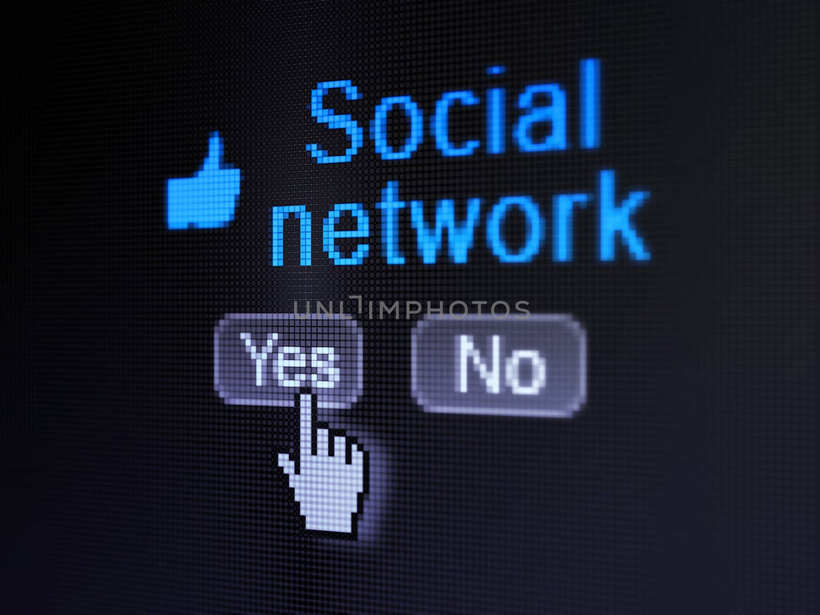 Social network concept: buttons yes and no with pixelated Like icon, word Social Network and Hand cursor on digital screen, 3d render