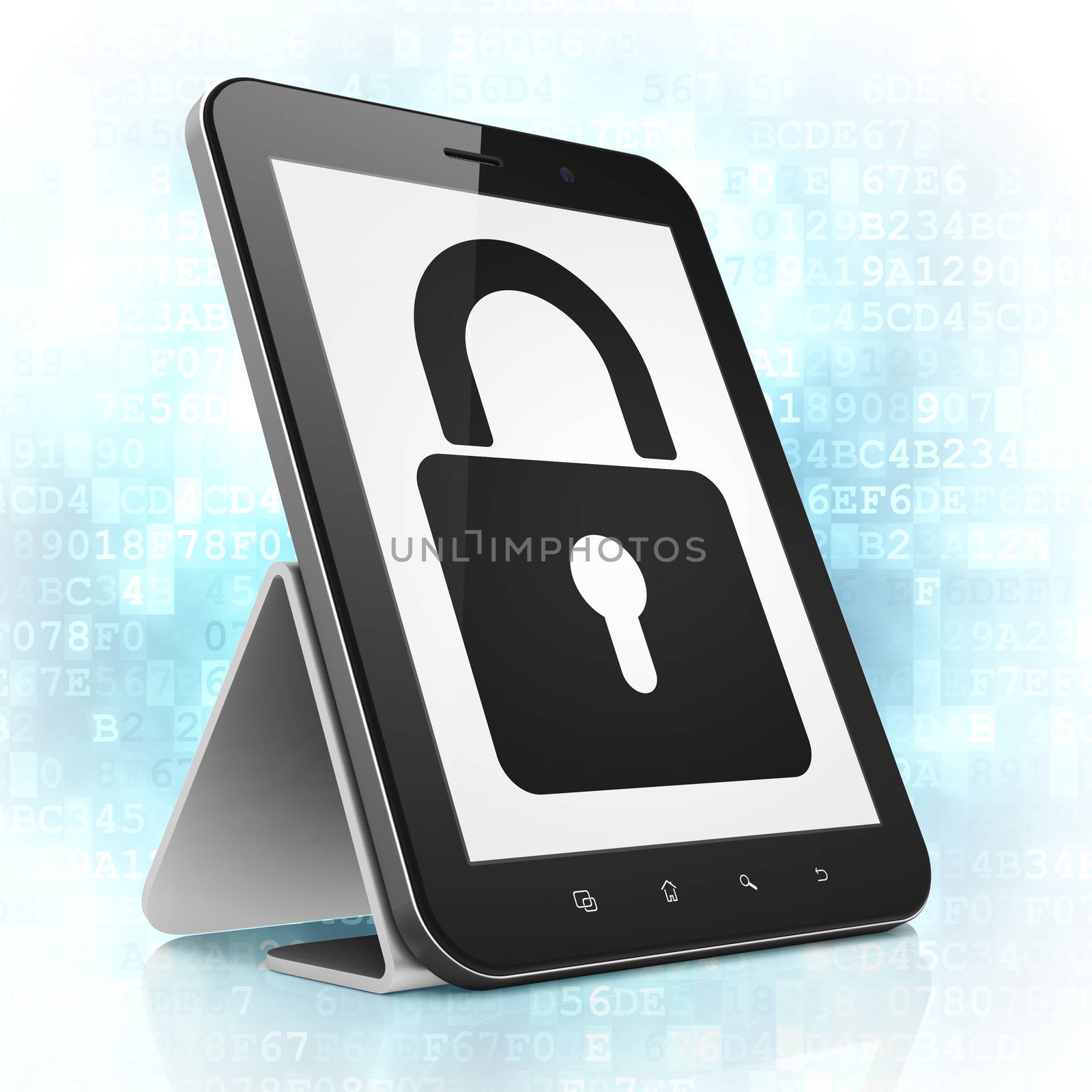 Information concept: black tablet pc computer with Closed Padlock icon on display. Portable touch pad on Blue Digital background, 3d render