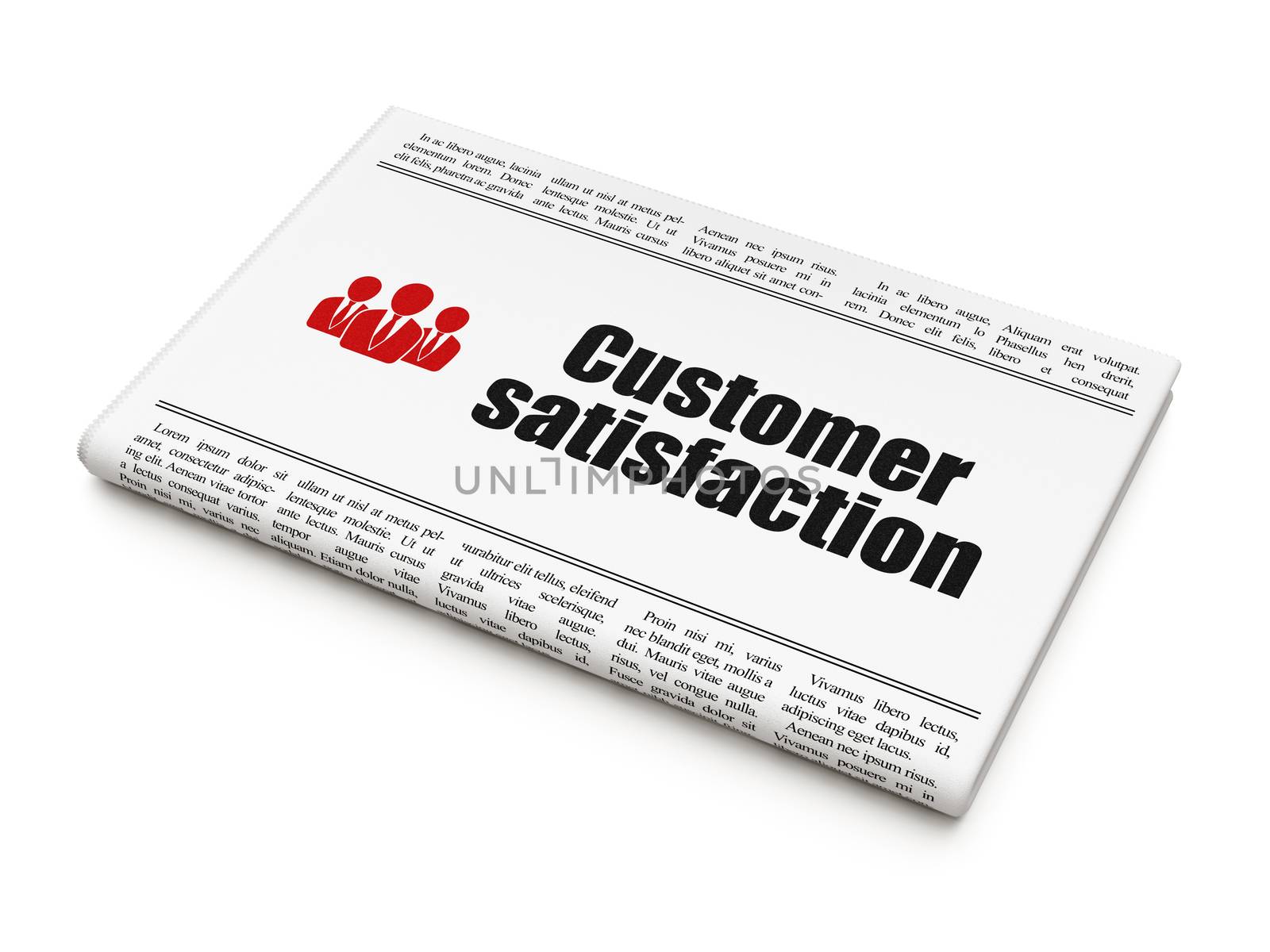 Advertising news concept: newspaper headline Customer Satisfaction and Business People icon on White background, 3d render