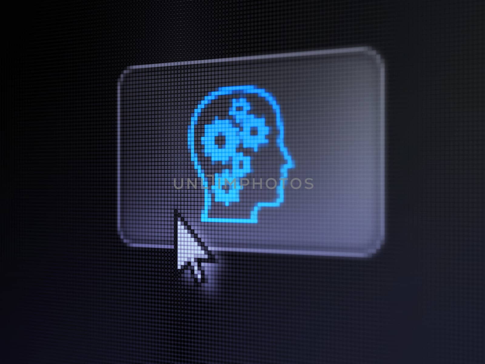 Advertising concept: pixelated Head With Gears on button with Arrow cursor on digital computer screen, selected focus 3d render